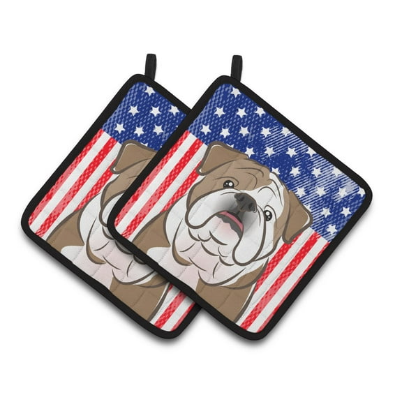 Carolines Treasures BB2149PTHD Flag and English Bulldog Pair of Pot Holders , 7.5HX7.5W, multicolor