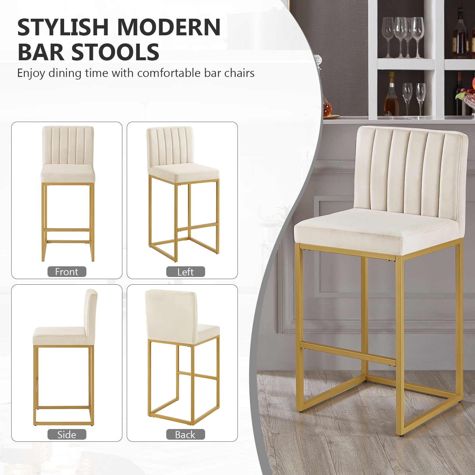 27 Inch Bar Stool, Velvet Counter Height Bar Stools, Set of 4 Bar Chairs with Back and Metal Legs, Kitchen Island Counter Stools for Pub, Dinning Room, Cafes