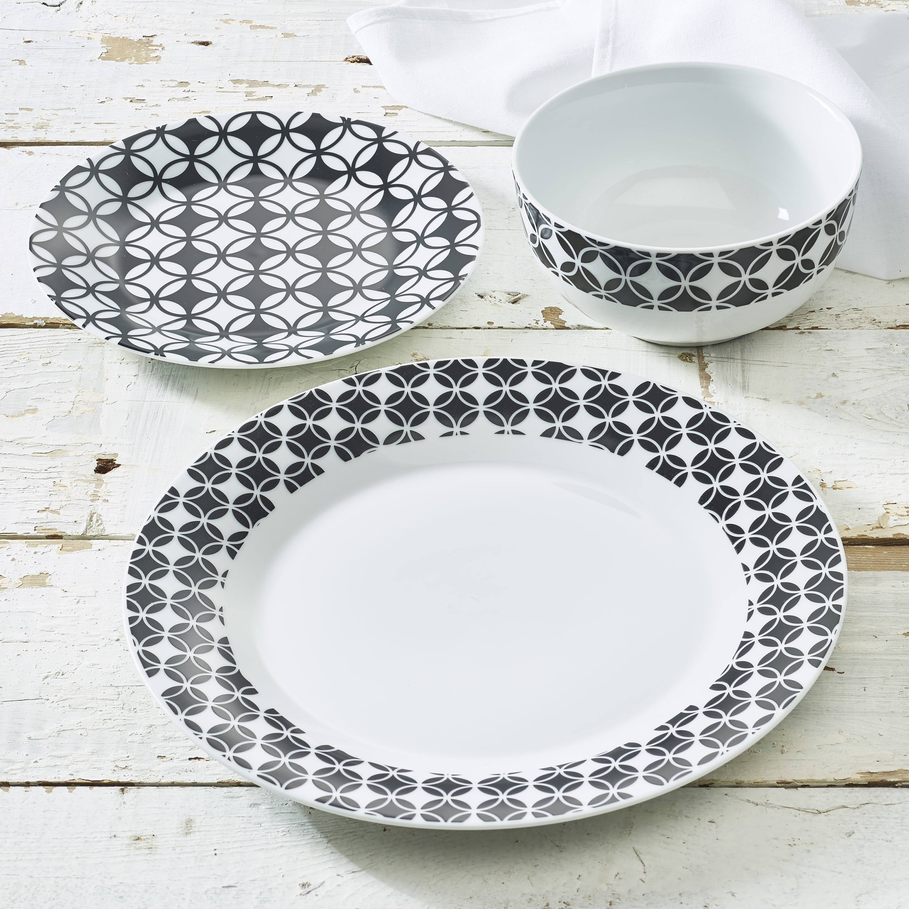 Geo Diamond Black and White Collection 12-Piece Porcelain Dinnerware Set, Walmart Exclusive ...
