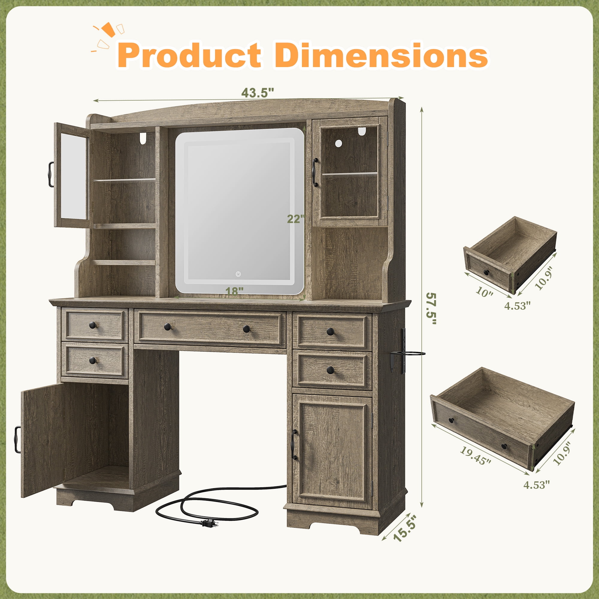 EnHomee Vanity Set with Mirror and Lights Farmhouse Vanity Desk with 5 Drawers & 2 Storage Cabinets Makeup Vanity Table with Lighted Mirror,Dark Oak