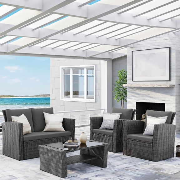 CozyHome 4 Piece Outdoor Patio Furniture Set, Rattan Sectional Conversation Set with Cushions & Glass Table