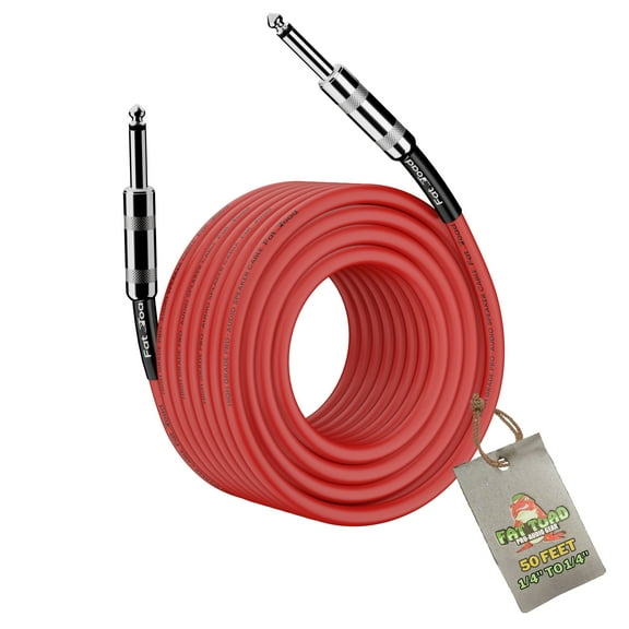 1/4" to 1/4 Speaker Cable by Fat Toad 50ft Professional Pro Audio Red DJ Speaker PA Patch Cord Quarter inch Male Jack 12 AWG Gauge Wire for Impeccable Studio Recording & Stage Performance AMP Gear
