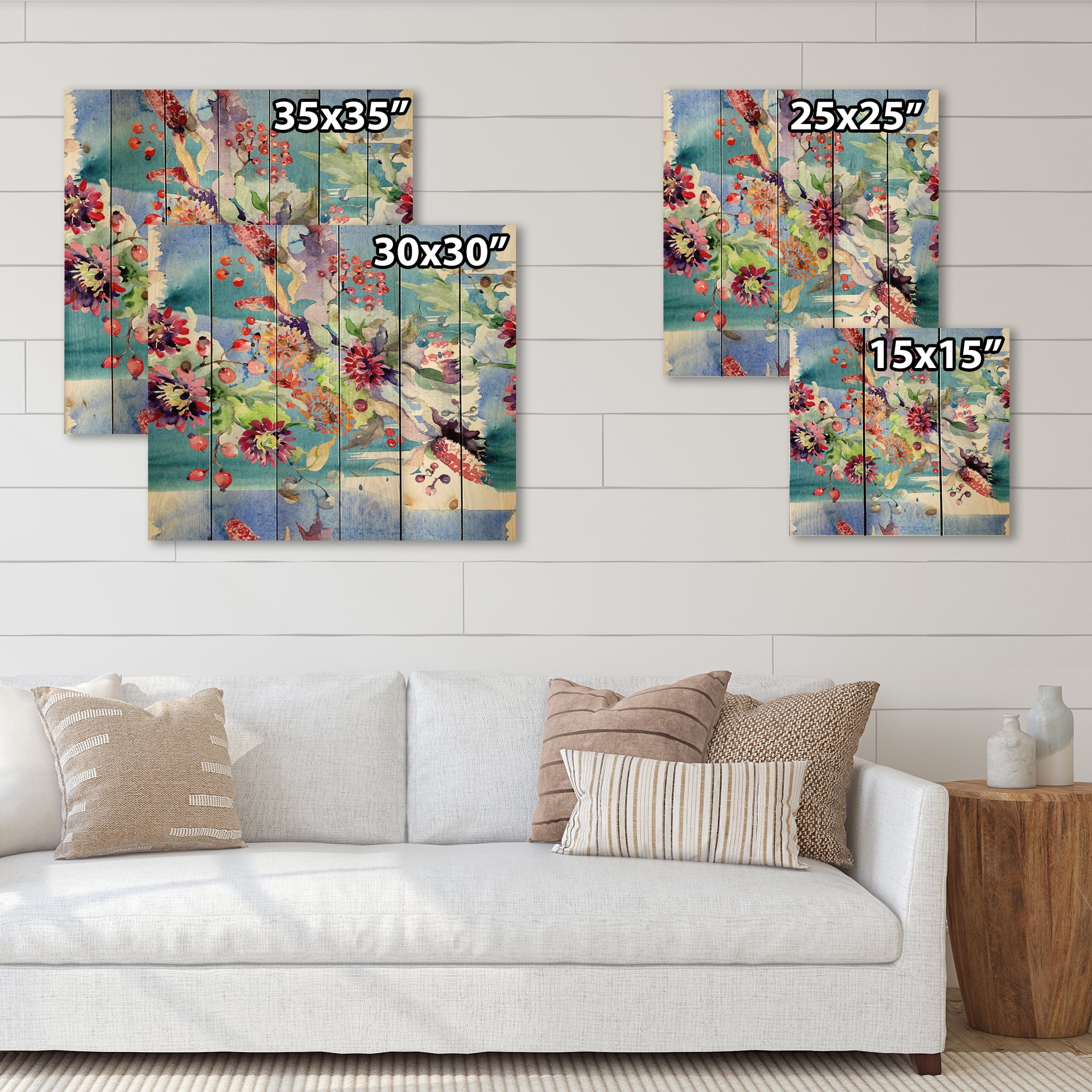 Designart 'Wildflowers and Vibrant Wild Spring Leaves XIII' Modern Print on Natural Pine Wood