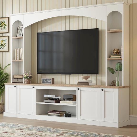 Luckynote Farmhouse TV Stand, Entertainment Center with Bookshelf, Arched Design Wood Grain for 70" TVs, 91 Inch Media Console with Adjustable Shelves, White