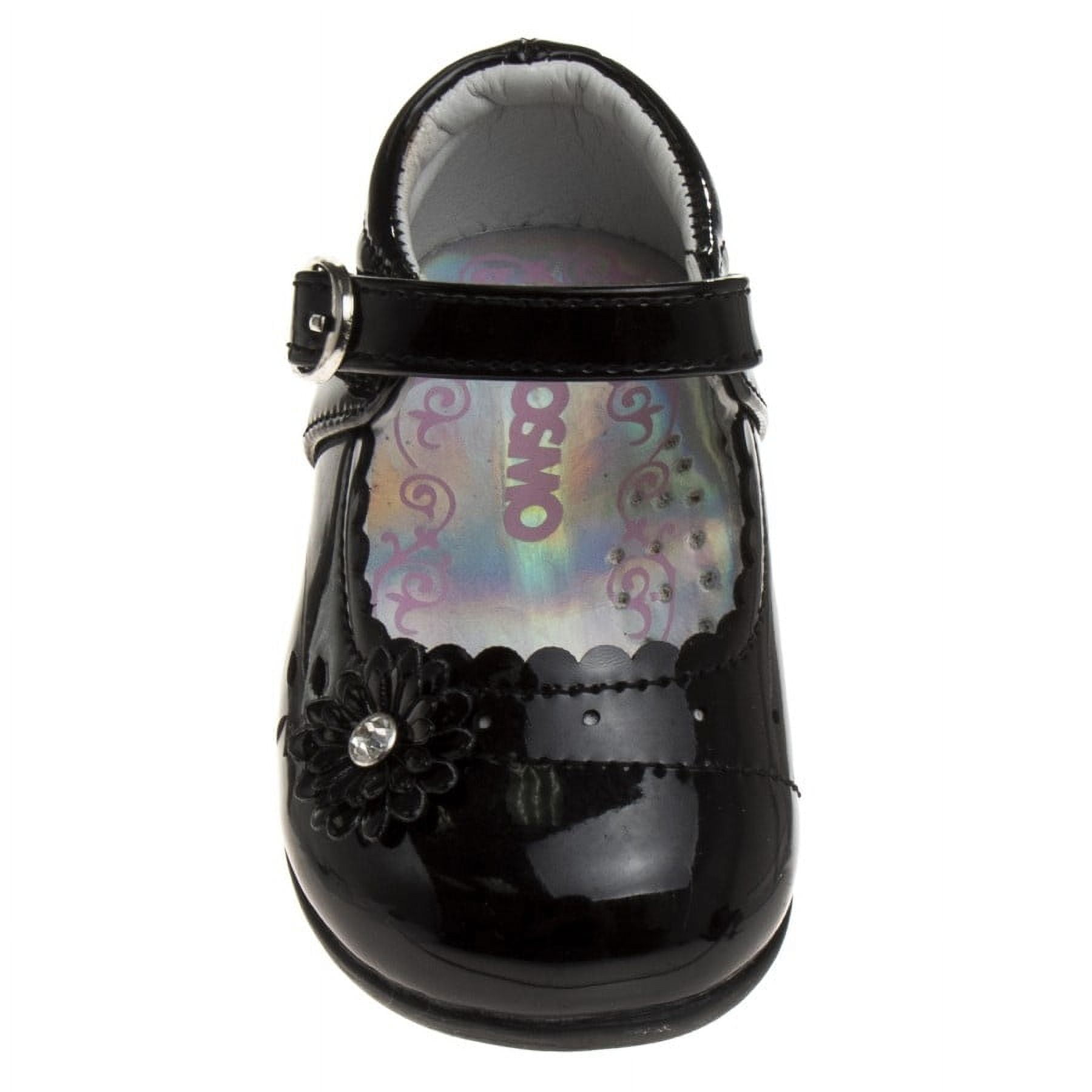 Josmo Toddler Girls Buckle Faux Leather Flat Heel Dress Shoes with Flower Detail - Black Patent, 8