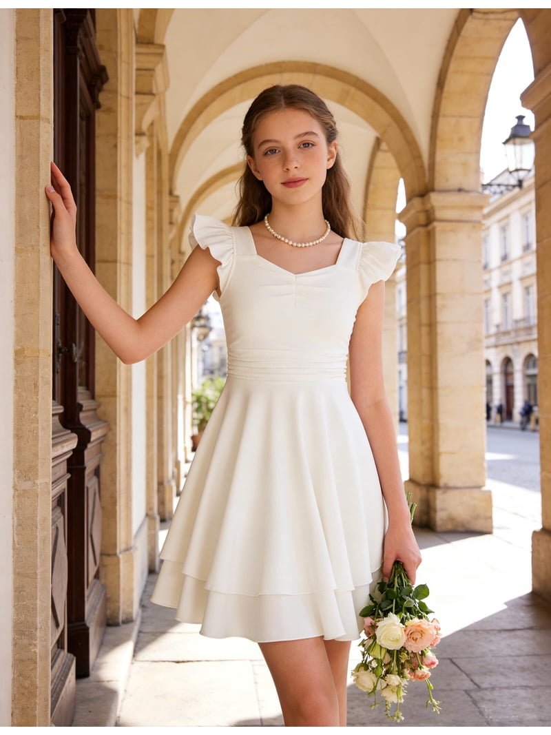 Lanbubble Girls Ruched Dresses Ruffle Sleeve Teens Tiered Swing A-line White Dress 11-12 Years, Girl's