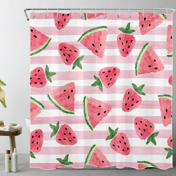 Pink and White Striped Shower Curtain for Bathroom, Summer Tropical Fruit Pink Watermelon and Strawberry Fabric Shower Curtain with Hooks,Watercolor Bathroom Curtain Shower Set, 72" W x 72" L