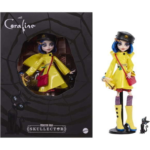 Monster High Skullector Coraline Collectible Doll in Yellow Raincoat with Cat