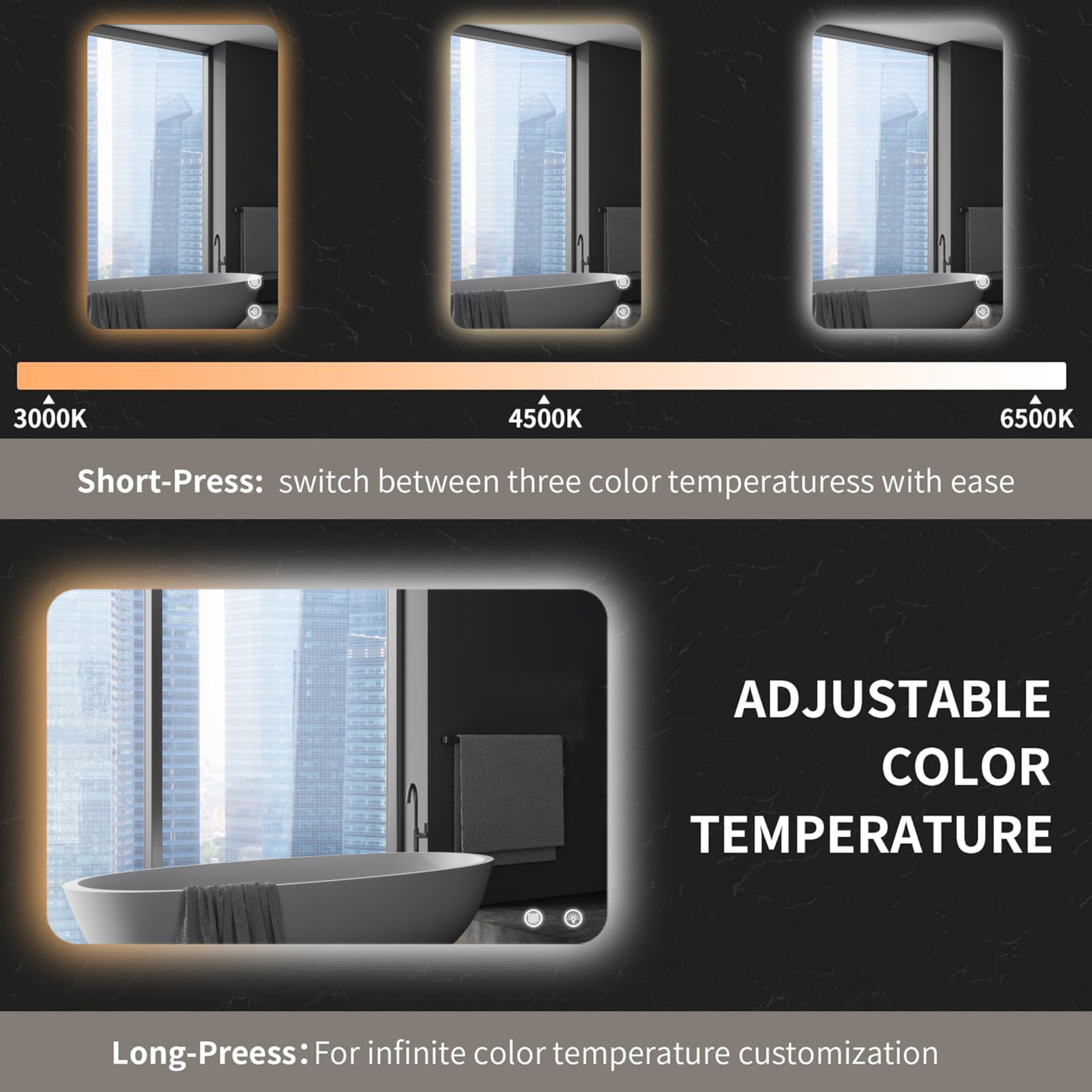 Noble House 24"x36" Rectangular LED Backlit Bathroom Mirror, Anti-Fog, Dimmable 3-Color Lighting