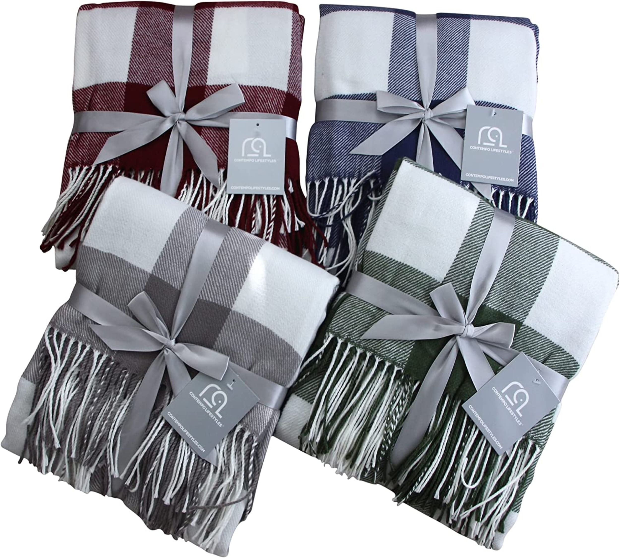 Buffalo Plaid Throw Blanket by Contempo Lifestyles – 50 x 70 Inch Decorative Classic Blanket – Comfortable and Ultra-Soft – Ideal for Living Room, Couch, Travelling, (Elephant/Ivory)