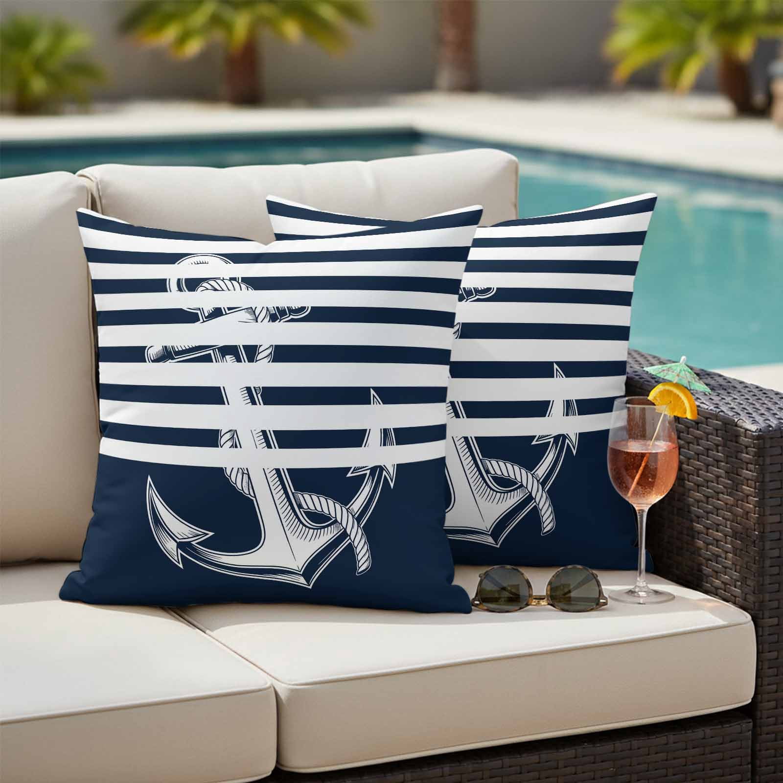 Navy Blue Anchor Outdoor Waterproof Pillow Covers, Nautical Coastal Abstract Art Decorative Square Throw Pillowcase Sofa Cushion Sham for Patio/Couch/Chair, 20"x20" 2 Pack