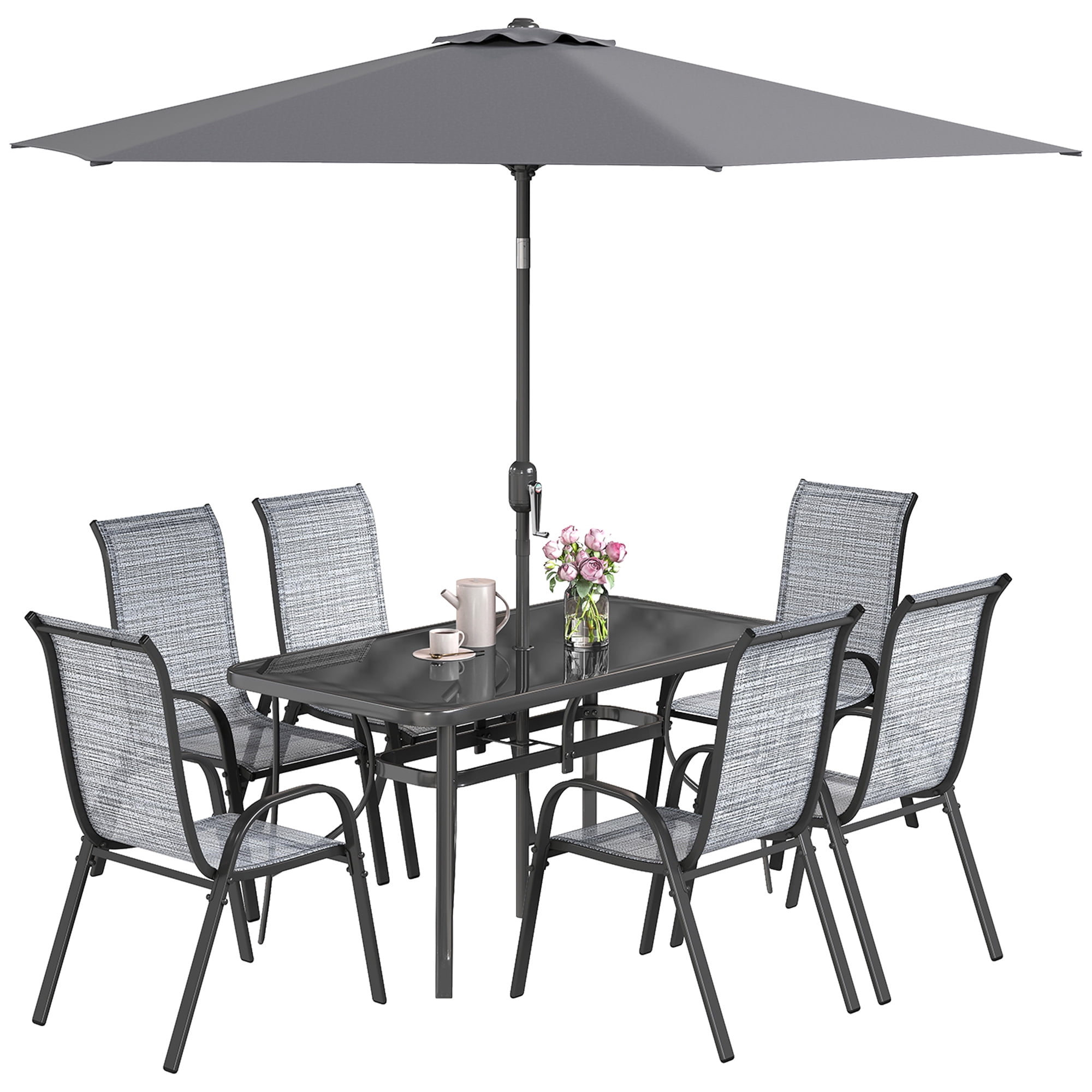 Outsunny 8 Piece Patio Furniture Set with Umbrella, Outdoor Dining Table and Chairs, 6 Chairs, Push Button Tilt and Crank Parasol, Glass Top, Gray