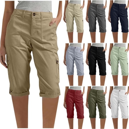 Frostluinai Cargo Shorts for Women Elastic Waist Pull On Bermuda Shorts Solid Casual Rolled Knee Length Shorts with Pocket