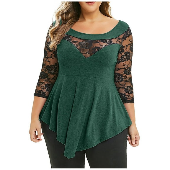 Oalirro Ladies Tops and Blouses Summer Green Blouses for Women Fashion 2023 Plus Size Women Solid Floral Lace Asymmetric Three Quarter Tops Blouse, XXXL