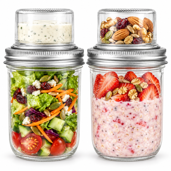 2PCS Overnight Oats Containers with Lids (16oz 4oz), Dual-Layer Glass Yogurt Parfait Cups with Dry & Wet Separation, Portable Meal Prep Jars for Chia Pudding, Cereal & Salad