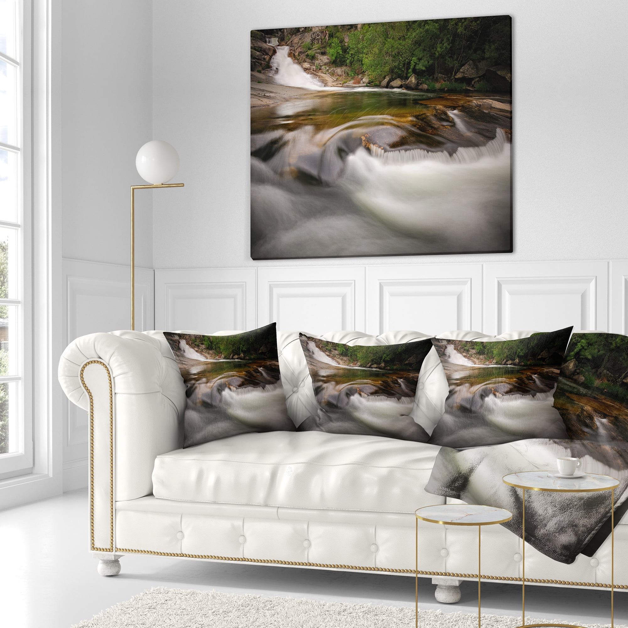 Designart Segade Waterfall Galicia Spain - Landscape Photo Throw Pillow - 18x18