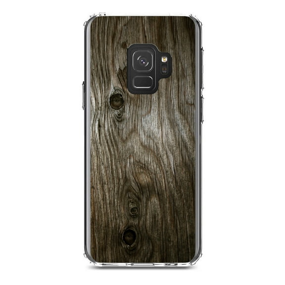 DistinctInk Clear Shockproof Hybrid Case for Samsung Galaxy S9 (5.8" Screen) - TPU Bumper, Acrylic Back, Tempered Glass Screen Protector - Brown Weathered Wood Grain Print - Printed Wood Grain Image