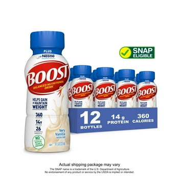 BOOST Plus Ready to Drink tional Drink, Very Vanilla tional Shake, 12 - 8 FL OZ Bottles