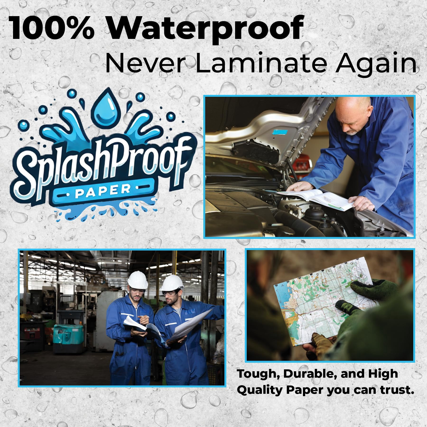 SplashProof Waterproof Paper, 8.5" x 11", 10 Mil, 50 Sheets