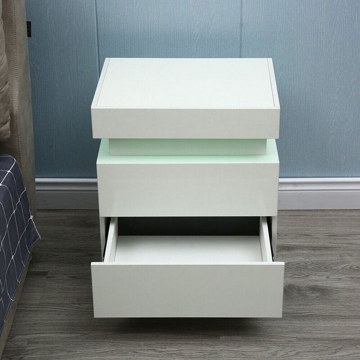 LED Nightstand Modern Nightstand with Led Lights Wood Led Bedside Table Nightstand with 2 High Gloss Drawers for Bedroom, Dorm, White - image 5 of 8