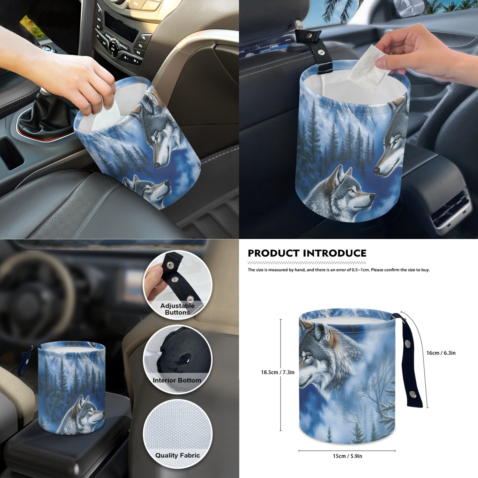 Renewold Wolf Forest Blue 14 PCS Car Seat Covers Set for Men, Auto Seat Protector with Steering Wheel Seat Belt Cover Garbage Bag Armrest Handbrake Rear View Mirror Protector Coasters