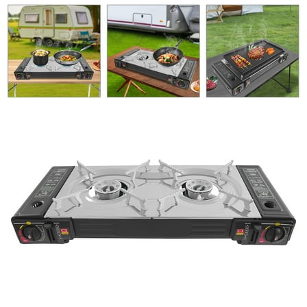 2 Burner Butane Stove Butane Camping Stove with Grill Tray and Carrying Case Outdoor Travel Gas Stove for Camping Home BBQ