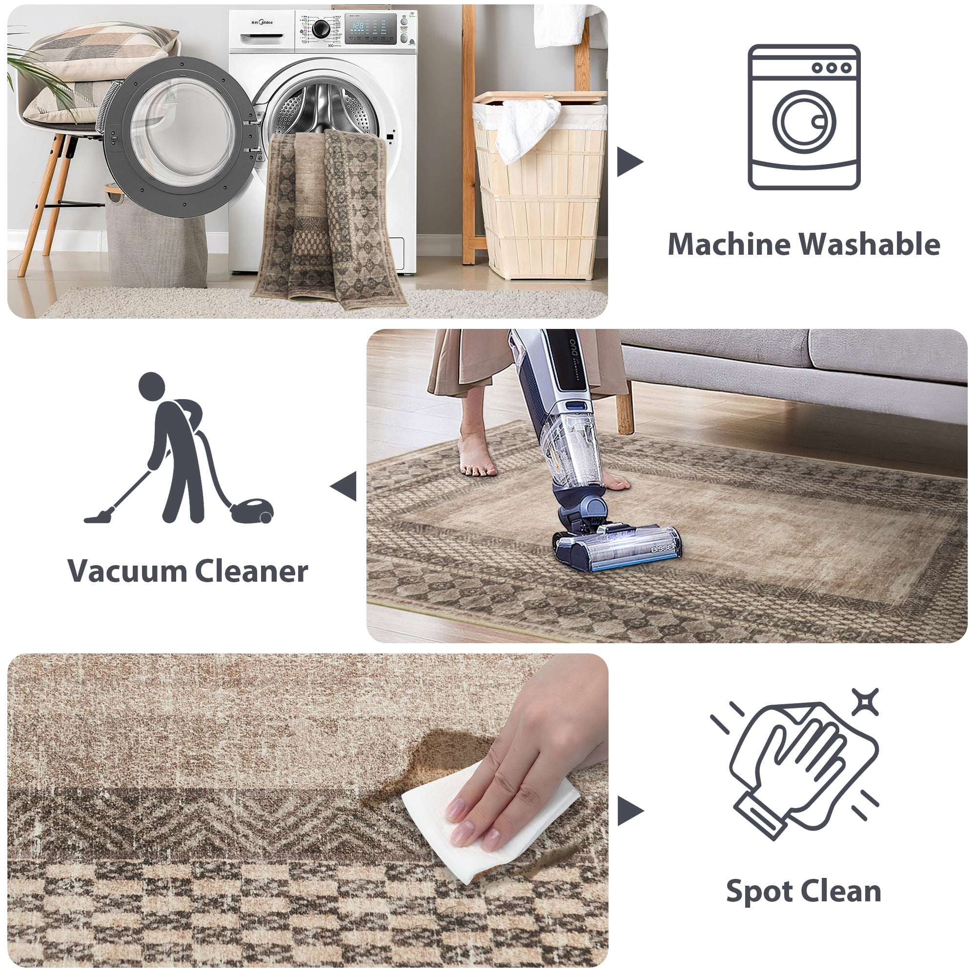 NICETOWN 2'x8' Runner Rug, Machine Washable Traditional Tribal Area Rug Non-Slip Stain Resistant Hallway Runner Rug Soft Foldable Low Pile Floor Mat for Kitchen Bedroom Hallway, Brownness