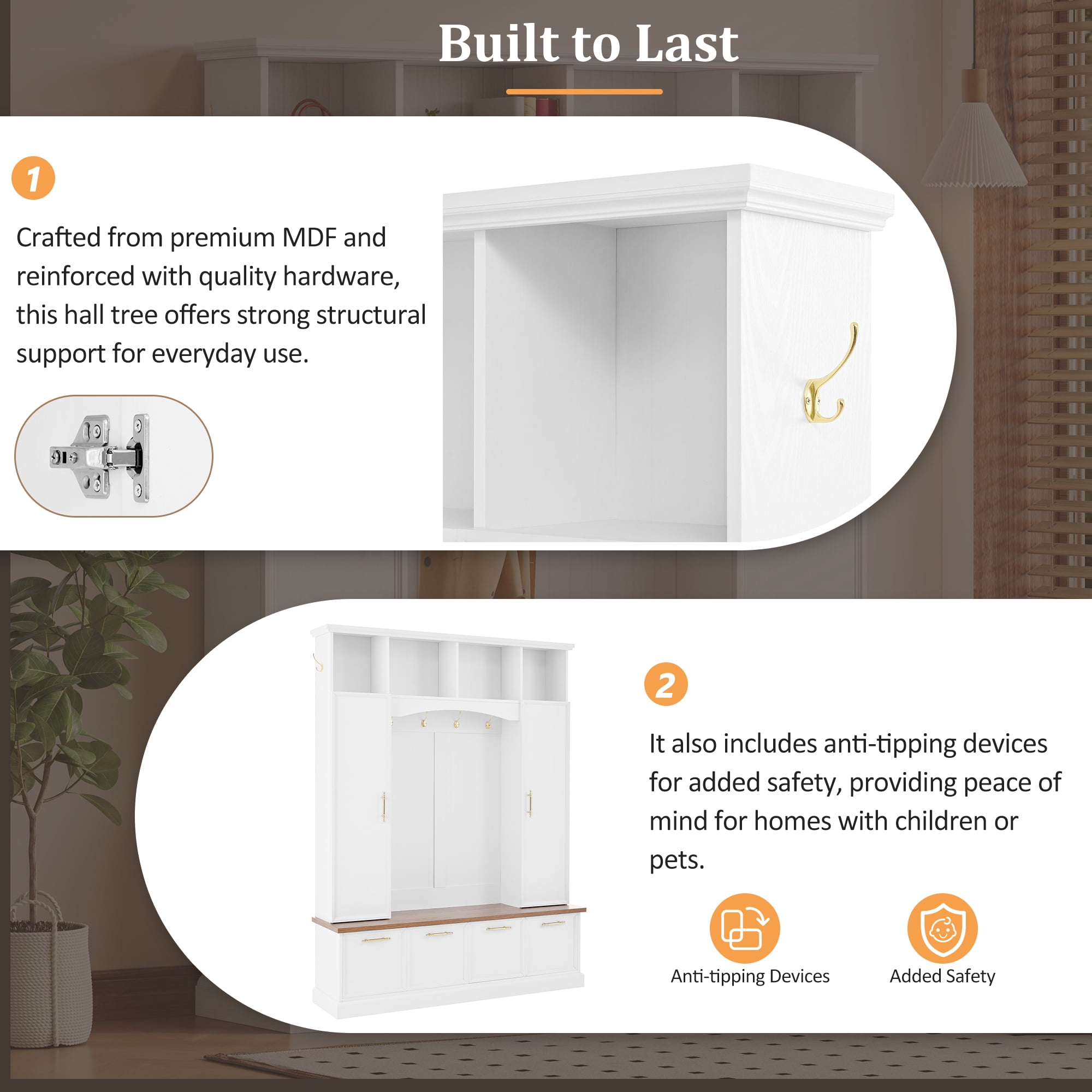 Euroco Wide Hall Tree with Golden Hooks & Handles, Practical Entryway Walnut Bench with Adjustable Shelves, 76.7"H Farmhouse Wooden Style Coat & Shoe Rack for Mudroom, Living Room, White