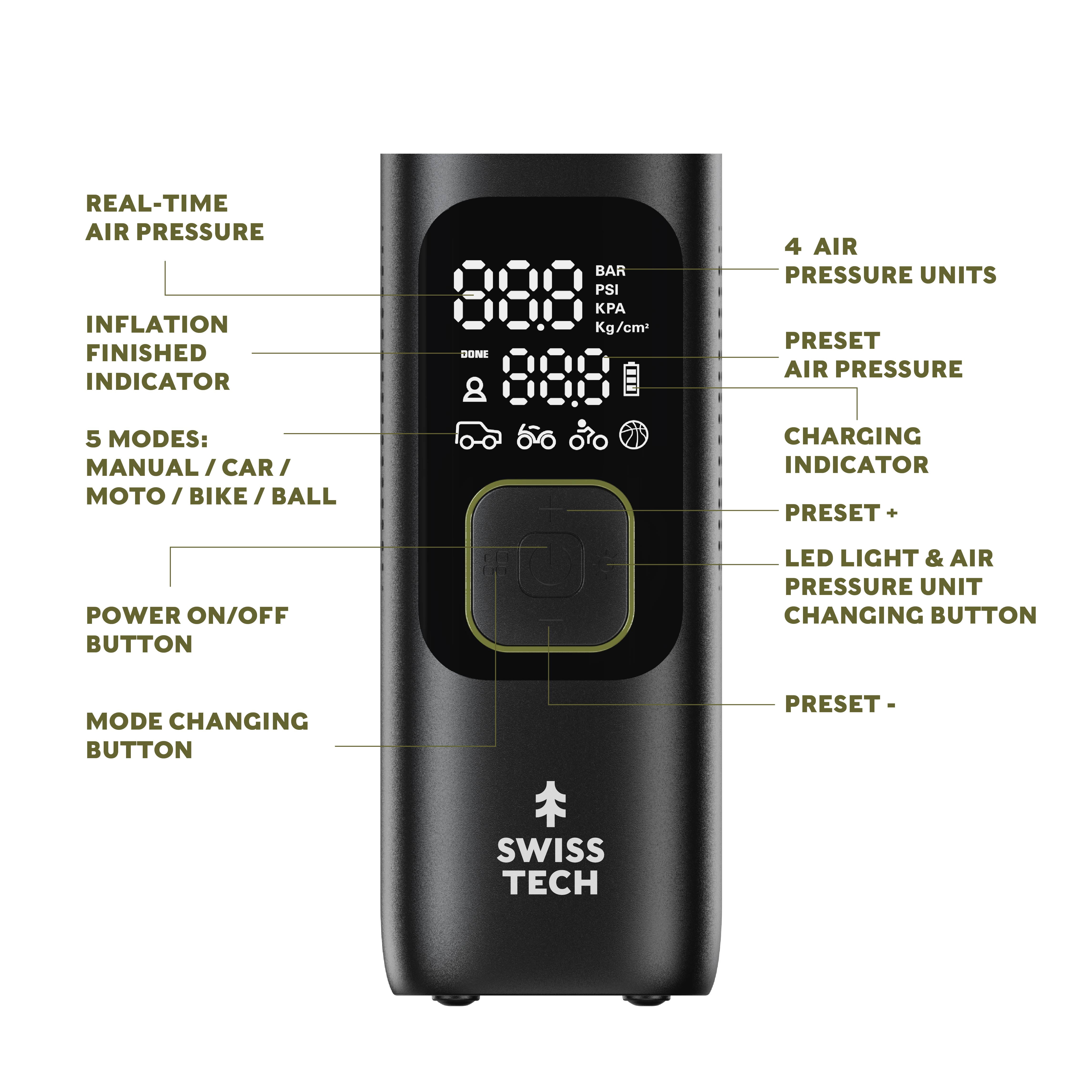 Swiss Tech Portable Cordless Tire Inflator with Digital Display and LED Light, 160 PSI Capacity