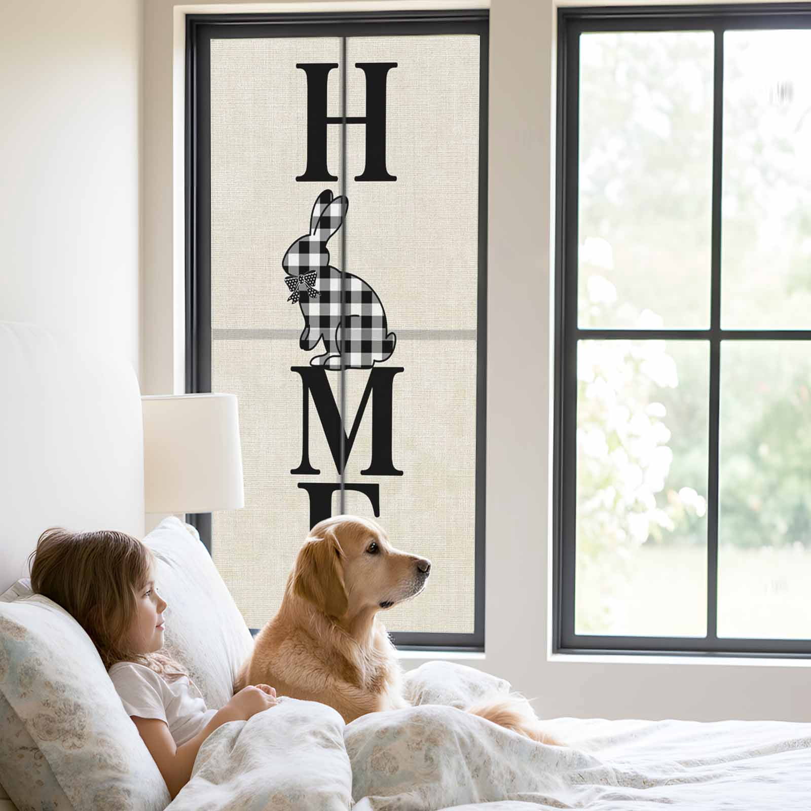 Happy Easter Window Privacy Film, Home Black Buffalo Plaid Rabbit Bowknot Linen Texture Frosted Glass Window Clings Static Cling UV Heat Blocking Reusable Door Sticker for Bathroom 23.6 x 59 Inch
