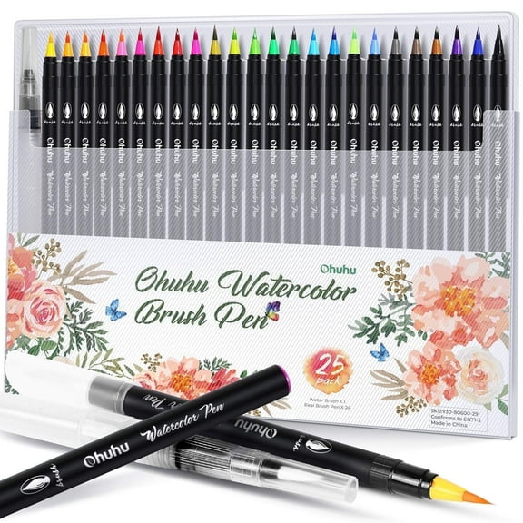 Ohuhu 24 Colors Professional Watercolor Brush Markers, Water-Based Drawing Pens with Blending Aqua Pen for Adult Coloring, Comic, Calligraphy