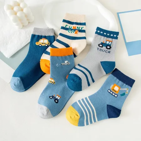

5pairs Cartoon Car Boys Socks Striped Cotton Kids Crew Socks