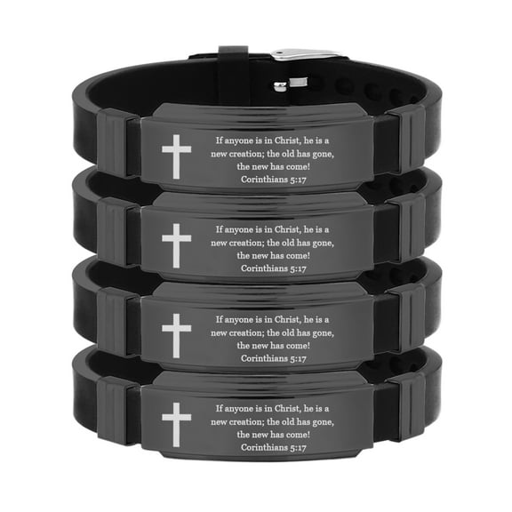 LiFashion Personalized Inspirational Bible Verse Bracelet Set for Men,Adjusted Faith Wristbands Stainless Steel Silicone Scripture Quote ID Bracelets Encourage Christian Religious Gift,4 Packs