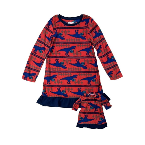 Girls Red T-Rex Dinosaur Fleece Holiday Nightgown & Doll Night Gown Set XS(6-6X)