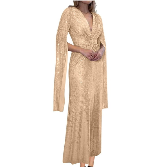 LYEAA Elegant Dresses for Women Long Sleeve V Neck Glitter Sequin Mesh Long Dress Flowy Dress Solid Color Evening Gown Cocktail Dress Fashion Dress Ruched Dress Beige S