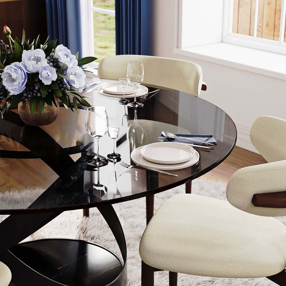 POVISON-59"Modern Round Glass Dining Table for 6, Gray Tempered Glass Circle Dining Room Table for Kitchen, Glass Kitchen Table, Black X Carbon Steel Base