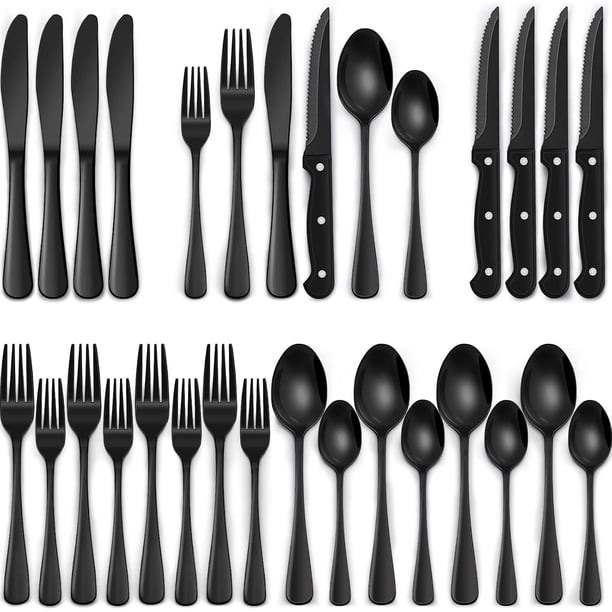 XmhyTop-A Juego de cubiertos para carne, 24 piezas de acero inoxidable, incluye cuchillos para carne, cubiertos duraderos para uso comercial en casa, color negro.