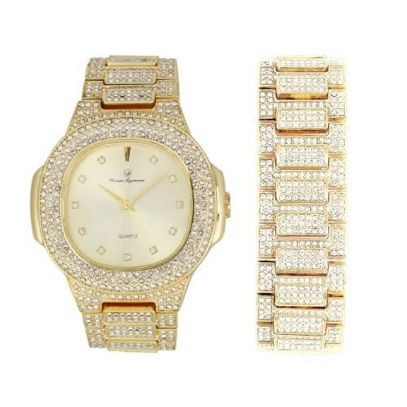 Charles Raymond Blinged Out Oblong Case Metal Mens Watch w/Matching Blinged Out Bracelet Set - ST10235 DX Shiny Gold -B