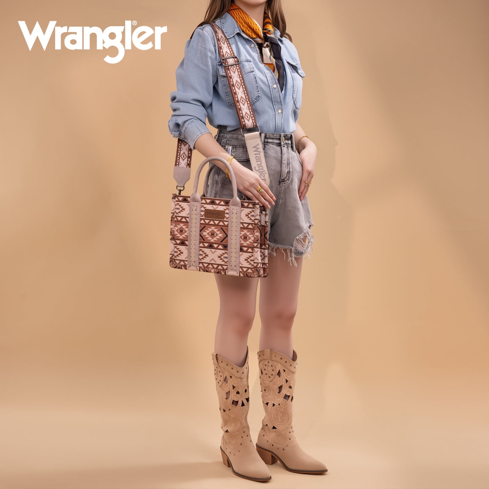 Wrangler Aztec Tote Bag for Women Boho Shoulder Purses and Handbags, Aztec Tan