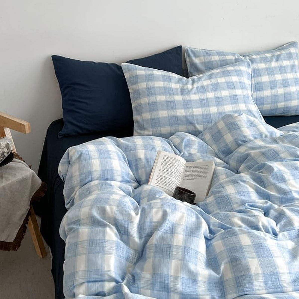 NAYOROOM Blue White Checked Geometric Duvet Cover King Set, 3-Piece Fresh Checkered Pattern Breathable Comforter Cover