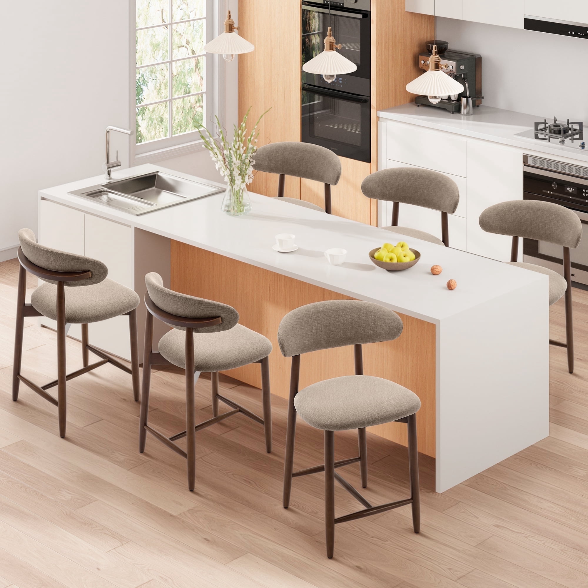 Mid Century Modern Kitchen Bar Stools Set of 6, Counter Height Stools with Curved Back and Wooden Frame,Upholstered Seat Camel
