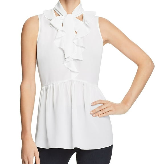 Le Gali Womens Ruffled Tie Neck Peplum Blouse, White, XX-Large