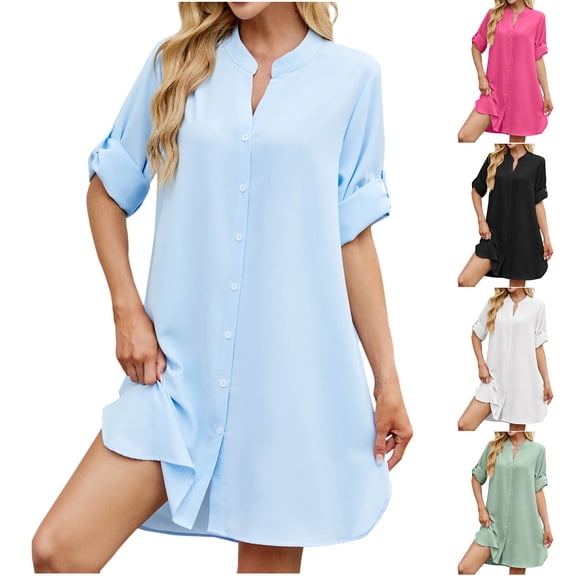 Ashirexll Casual Dresses for Women, Womens Fall Dresses, Ladies' Fashion Solid Color Casual Shirt Dress Elbow Sleeve V-Neck Dress