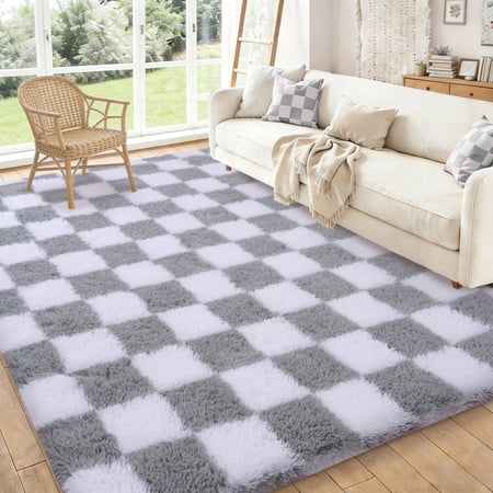 ZENELESS Checkered Fluffy Rug Non-Slip Large Area Rug Super Soft Indoor Fuzzy Carpet for Bedroom Living Room Home Decor 6x9 White and Light Gray