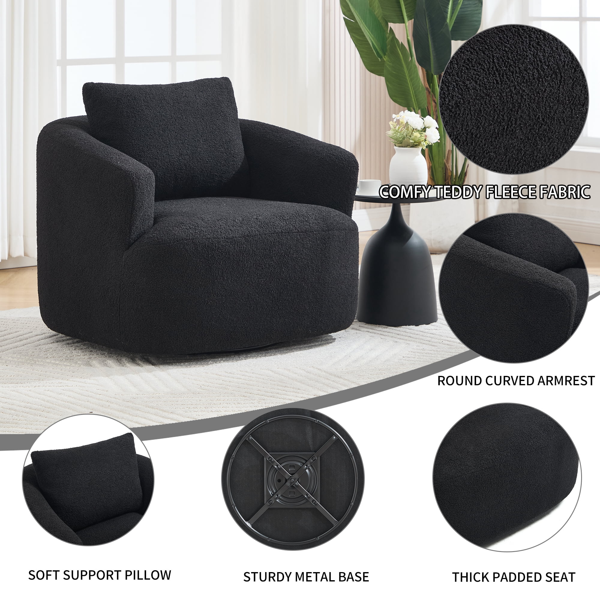 Swivel Accent Chair,360° Round Upholstered Armchair with One Soft Pillow,Teddy Fleece High-Resilience Sponge Single Sofa for Living Room, Bedroom, Apartment,No Assembly,Black
