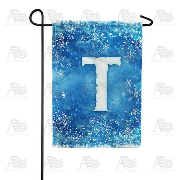 America Forever Winter Monogram Letter T Garden Flag Vertical Double Sided 12.5 x 18 inches Snowy Winter Holiday Seasonal Flags for Outdoor, Yard, Porch Decoration, Blue Background, Snowflake Flag