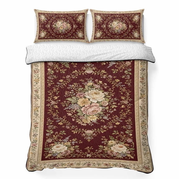 Pink Flower 3 Piece Quilt Bedding Set with 2 Pillow Shams, Classical Beige Floral Vine Art Prints Burgundy Backdop Lightweight Bedspread Coverlet, Soft Breathable All Season Quilt, 96 x 106 Inch