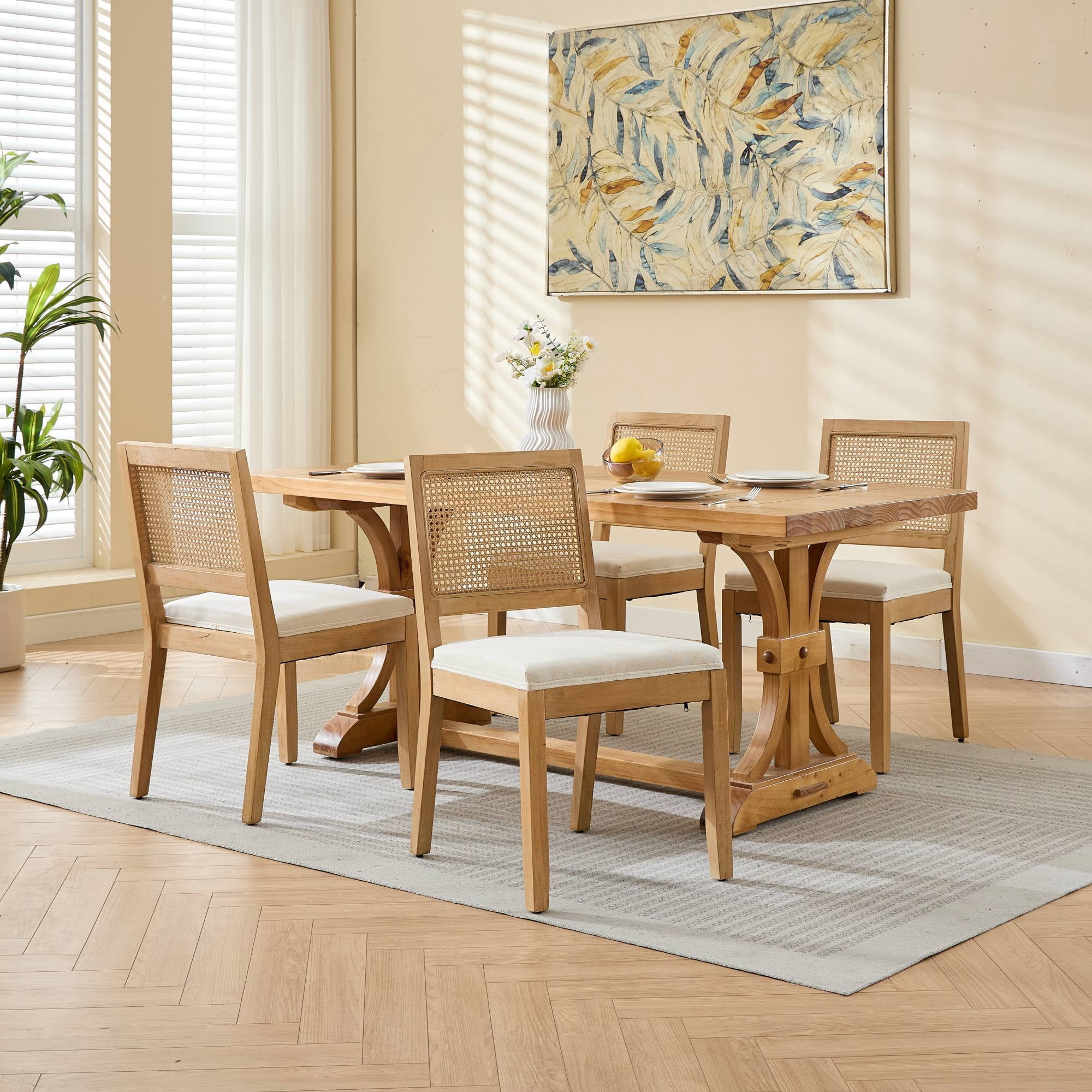 Leumius Dining Chairs Set of 2, Cane Upholstered Kitchen Side Chair with Natural Hardwood Frame for Kitchen, Dining Room, Living Room Beige 1
