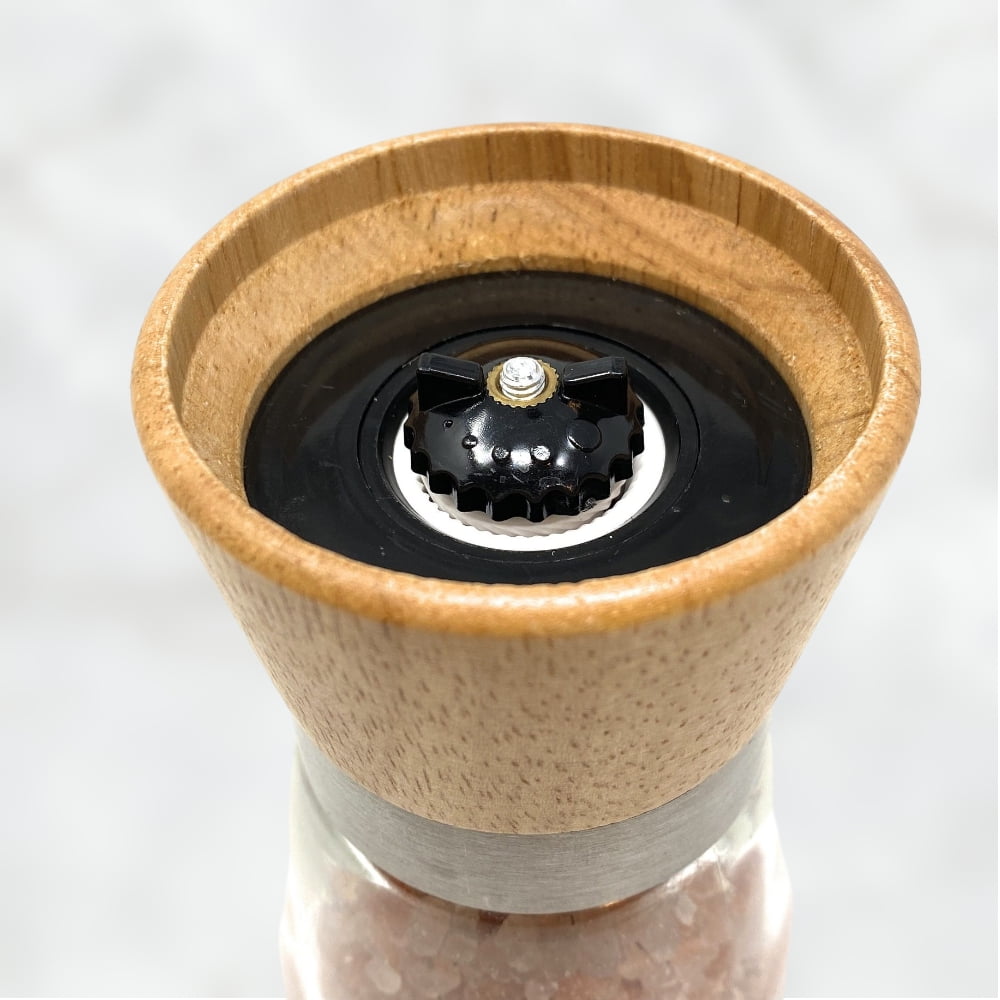 CB Accessories Salt and Pepper Grinder Set with Wood Tray, Manual Sea Salt, Peppercorn & Spice Mill, Clear/Beige