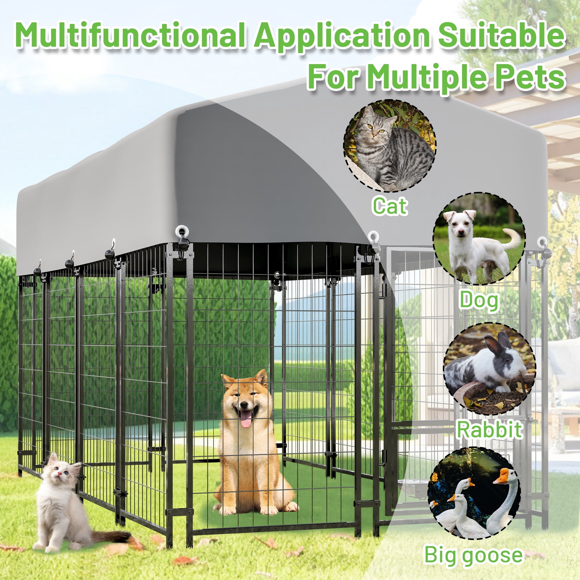 Outdoor Dog Kennel with Roof, 7.8'x3.8'x4.8' Welded Wire Dog Kennel Outside Run with 360° Rotating & 2 Bowls, for S&M&L Breeds, Chickens, Ducks